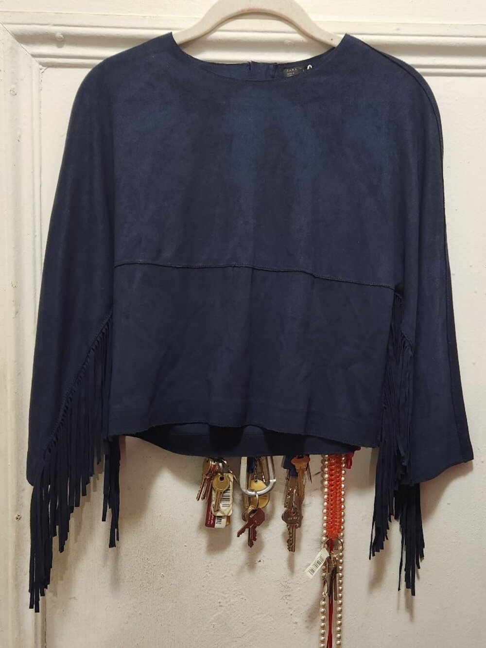Zara Trafaluc Blue Suede Fringe Top